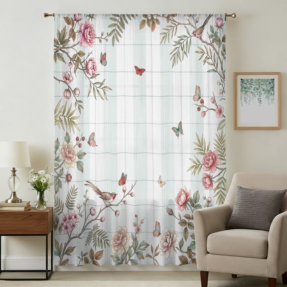 Pink Spring Floral Sheer Curtains 108" Extra Long, Elegant Botanical Sage Green Birds Light Filering Curtains, Privacy Drapes Simi Floor to Veiling Curtain for Living Room Bedroom Window Treatment