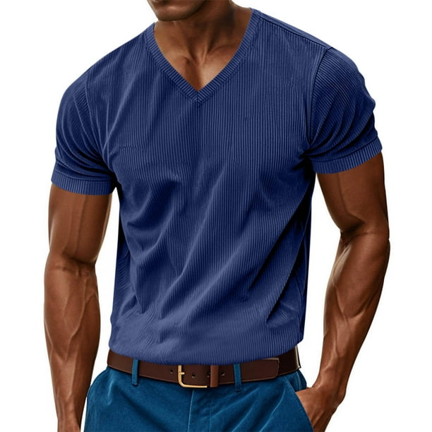 pstuiky Camisas de manga corta para hombre, Blusa informal de cuello redondo y manga corta de color liso para hombre ropa de hombre xl