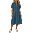 thumbnail image 2 of Guieoi Womens Dresses Plus Size Loose-Fit Summer Fashion Cotton-Linen-Look Dress with Lapel Short Sleeves and Long Hem Blue M, 2 of 6