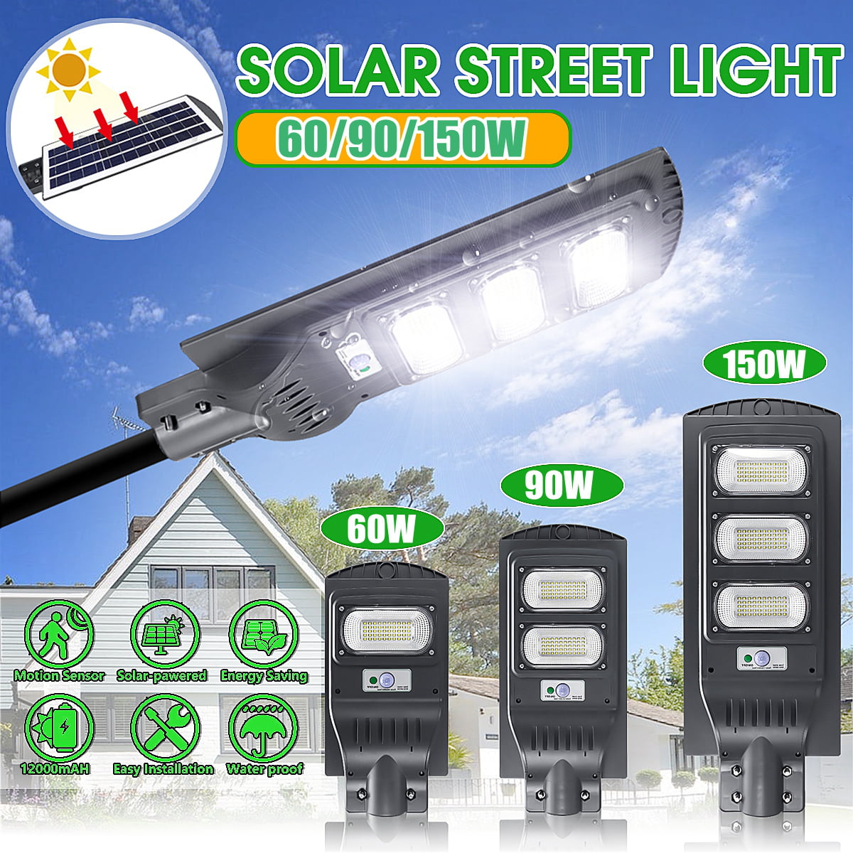 Outdoor Commercial 90W LED Solar Street Light IP65 Dusk to Dawn PIR Sensor Lamp 