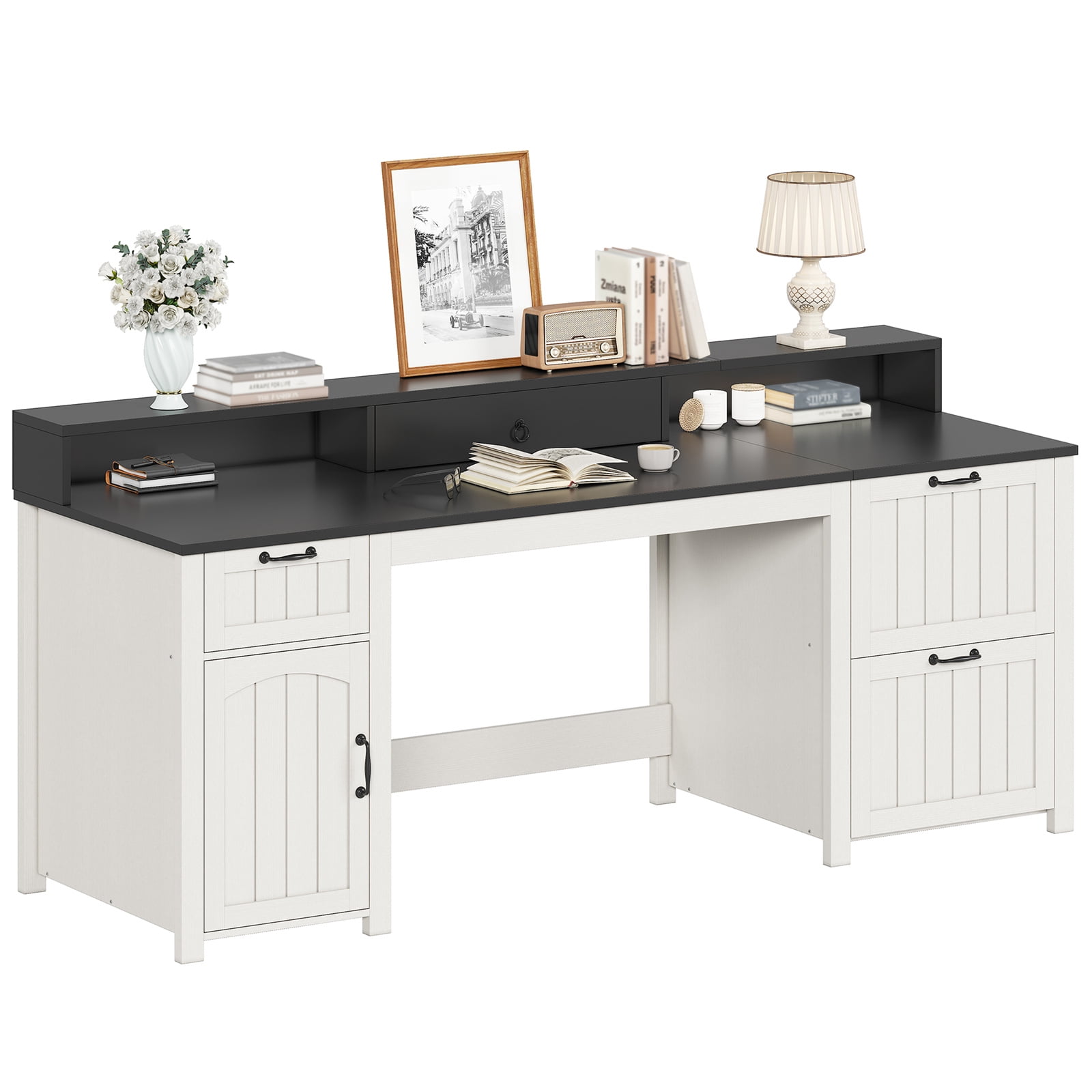 Executive Desk, 63" Farmhouse Desk with Storage, Home Office Desk with Drawers and Cabinet, Wood Desk with Monitor Stand, Rustic Writing Desk Study Table Elegant Computer Desk with File Drawer, White