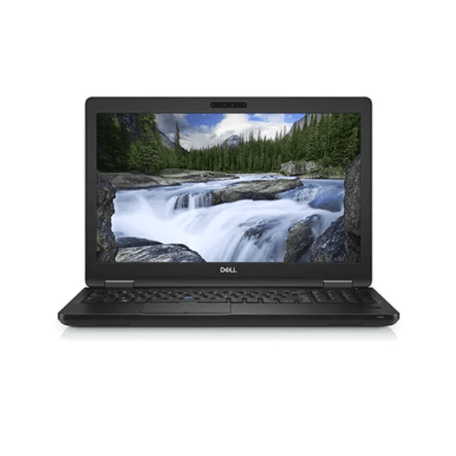 laptop dell 5590 clase a core i5-8 15.6 pulgadas 8 gb ram ddr4 512 ssd frontal de laptop Dell negro con la pantalla de 15.6" mostrando paisaje, teclado integrado y touchpad centrado, logotipo Dell bajo la pantalla y cámara en el bisel superior; equipo empresarial con 8 GB RAM, 512 GB SSD, conectividad Wi‑Fi y Windows 10, también adecuada para trabajo móvil.