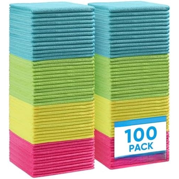 Microfiber Cleaning Cloth,100 Pack Cleaning Rags, Cleaning Towels with 4 Color Assorted, 11.5"X11.5" Shop Towels (Green/Blue/Yellow/Pink)