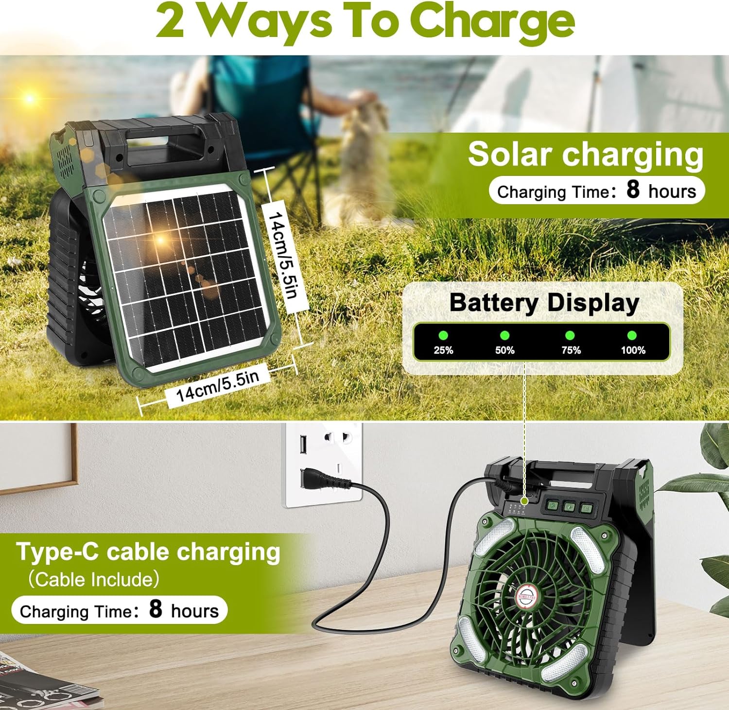 4 Speeds Solar Battery Operated Fan for Camping, 10000mAh Portable Rechargeable Desk Fan with LED Light & Timing Function, Folding USB Charger Port Camping Fan Power Bank for Home Office Car Outdoor