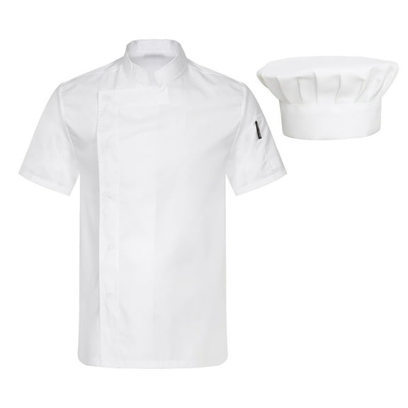 TiaoBug Unisex Chef Coat Short Sleeve Jacket Kitchen Work Uniform with Hat Whie M