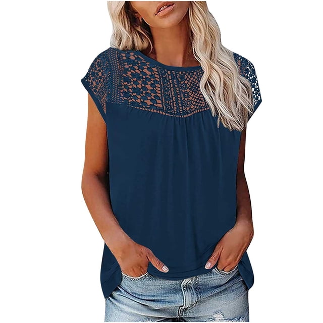 Mikilon Ensemble Élégant pour Femmes 2 Pcs Haut à Manches Courtes Imprimé Patchwork en Dentelle Col Rond Chic Confortable Ensemble Haut/chemise Col Rond Bleu Foncé TG