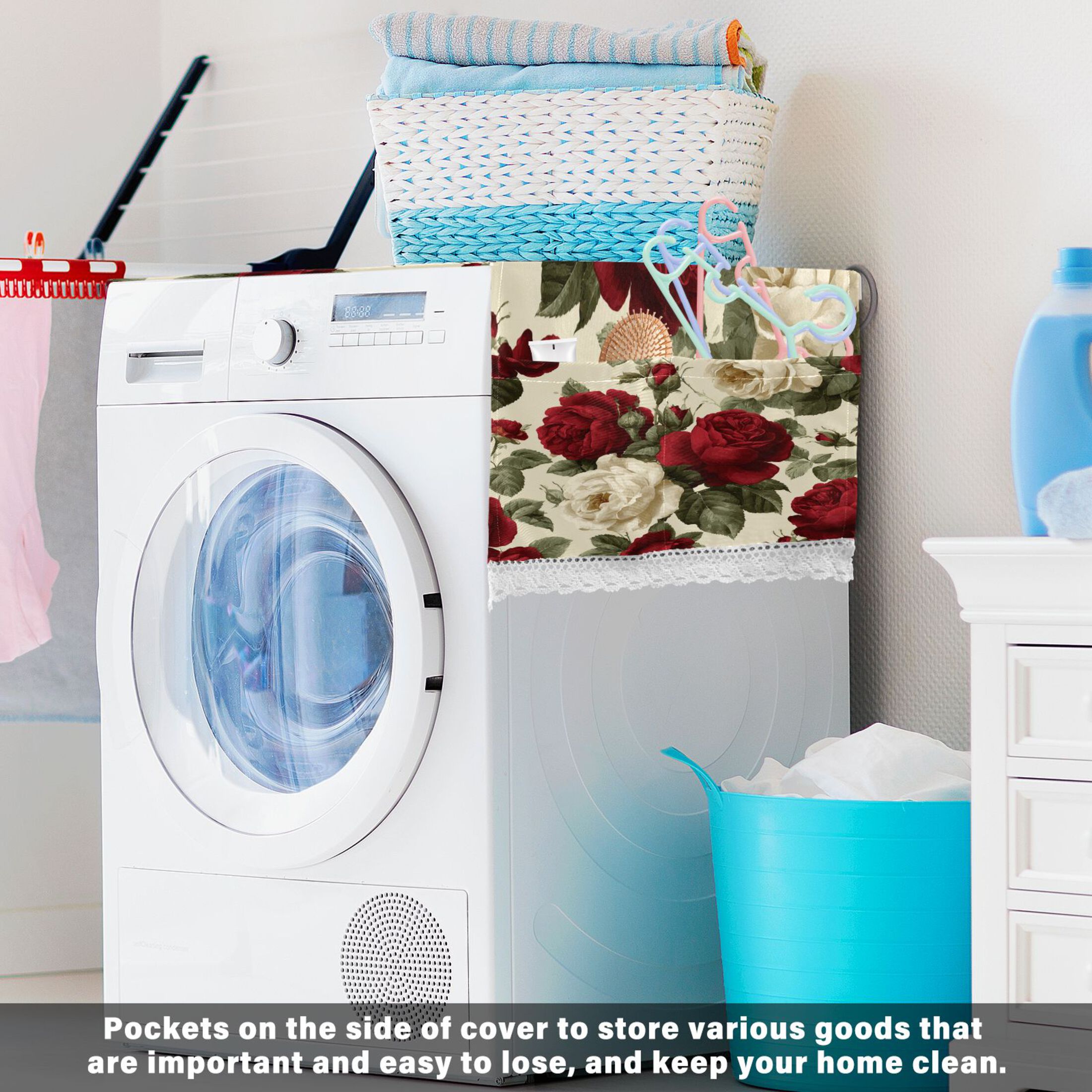 Dustproof Washing Machine Cloth Washer and Dryer Top Covers, Fridge Dust Cover, With Storage Bags Red and White Roses