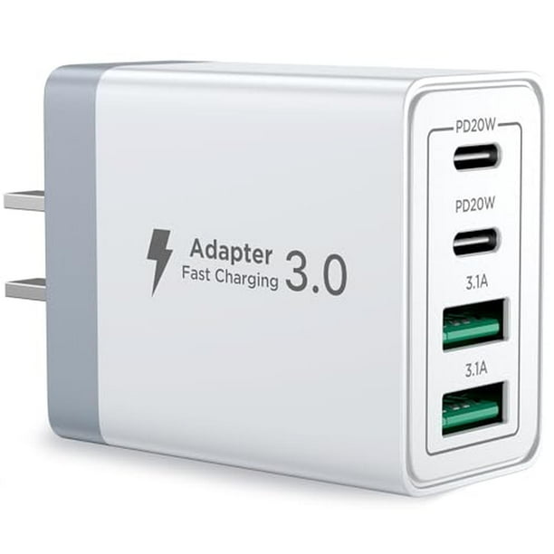 Cargador Tipo C 40W, 4 en 1 Cargador USB C y USB A 3.0 Carga Rapida con 4 Puertos, Cargador Rápido p