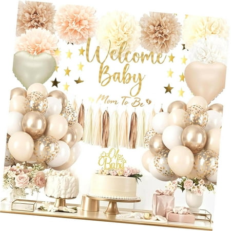 SKYSONIC Sage Shower Decorations Kit - Neutral Gender Reveal Party Supplies Welcome Banner, Cake Topper, Balloons, Pom Poms Flowers Tassels, Star Decor for Boy Girl Shower Decorations
