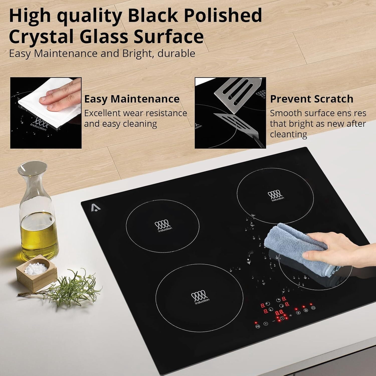 Aoile 4 Burner Electric Cooktop, 7400W Built-in Electric Stove Top with Overheat Protection, Kids Lock & Timer, 240V, Black