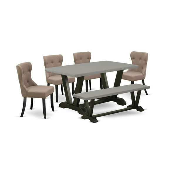 East West Furniture V-Style 6-piece Wood Dining Set in Black/Coffee