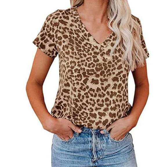 Cute Graphic Tees Leopard Print V Neck Short Sleeve T Shirts Dressy Casual Vacation Outfits Relaxed Fit Summer Tops Women Tshirts M