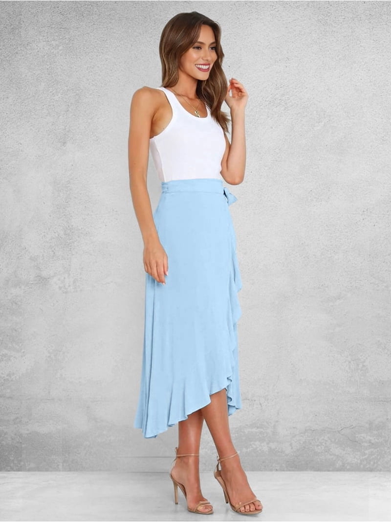 Womens One-Piece Wrap Tie Waist Solid Color Irregular Hem Chiffon Midi Skirt Elegant Flowy Blue M
