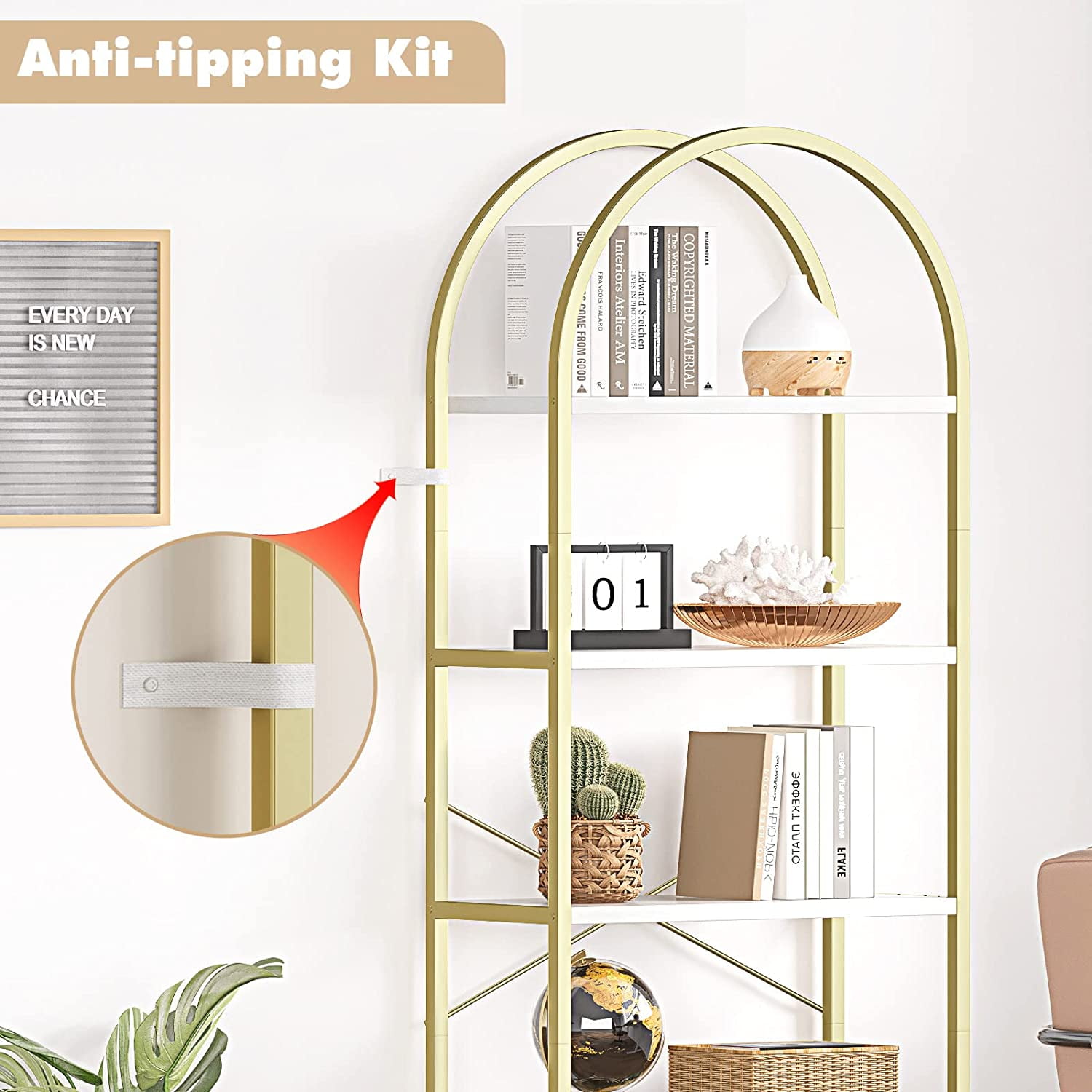 IdealHouse Arched 5-Tier Bookshelf, Modern Bookcase with Gold Metal Frame, Tall Wood Storage Shelf for Living Room, Bedroom, Home Office, Easy Assembly, White
