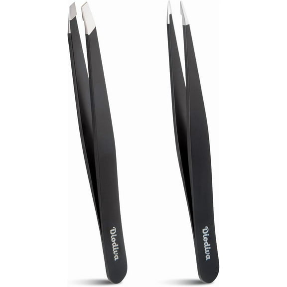 2-Pack Tweezers for Eyebrows, Facial Hair, Ingrown Hair Removal, Slant and Point Tip Tweezer Set for Women and Men, Professional Stainless Steel Precision Eyebrow Plucking Grooming with Case - Black
