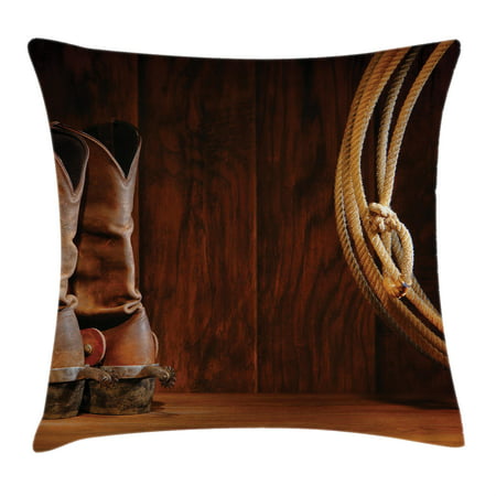 Western Decor Throw Pillow Cushion Cover, American Style Cowboy Wild West Culture Equestrian Sports Team Roping Barn, Decorative Square Accent Pillow Case, 20 X 20 Inches, Umber Brown, by
