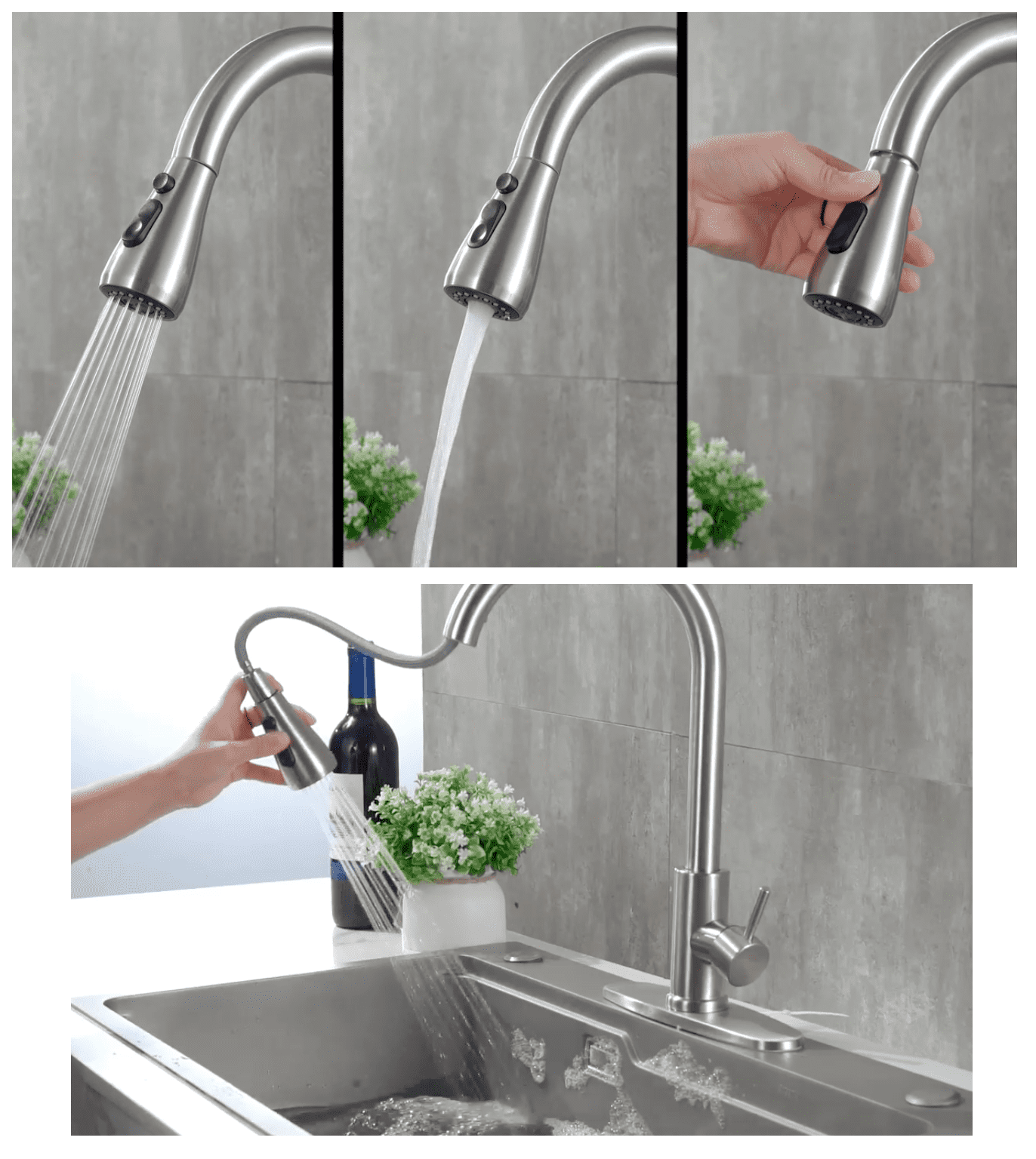 Kitchen Sink Faucet Brushed Nickel with Pause Button, High Arc Single Handle Kitchen Sink Faucets with Pull Down Sprayer Mix Hot and Cold Water with Deck Plate, Suit to 1 or 3 Holes