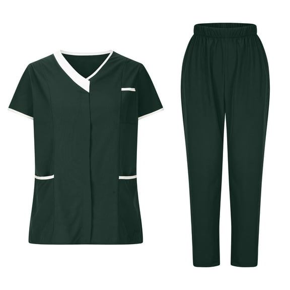 RQYYD Scrub Tops for Women Casual Classic Fit Nurse Uniform Sets V Neck Short Sleeve Working Blouse and Pants with Pockets