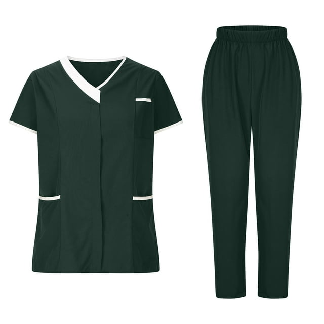 Ensemble de Blouses Médicales pour Femmes, Haut à Col en V Extensible et Pantalon à Taille Élastique avec Multi-Poches, Anti-Rides, Uniforme de Soins Infirmiers, Tunique de Clinique, Vert