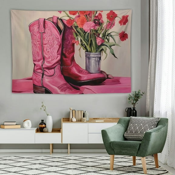 Acheng Pink Western Tapestry, Hot Pink Preppy Western Cowgirl Boots Tapestry Wall Hanging for Teen Girls Room Bedroom College Dorm, Cowgirl Room Decor, Pink Room Wall Decor Aesthetic 60x40in