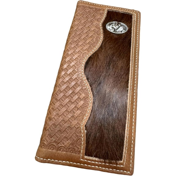 Western Stakes Mens Leather Long Wallet Basketweave Tooled Cow Hair Bull Rider Small Concho Checkbook Style Cowboy Hand Crafted High End Mens Wallets Leather Gifts For Men (Brown)
