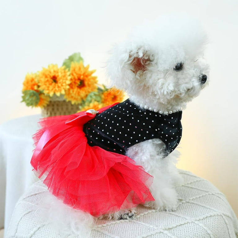 Fancy Dog Dresses with Leash Ring, Embroidered Dog Wedding Dress, Bow Puppy Clothes for Small pet Girl Multi-Layer Lace Tutu Cat Outfit for Kitten