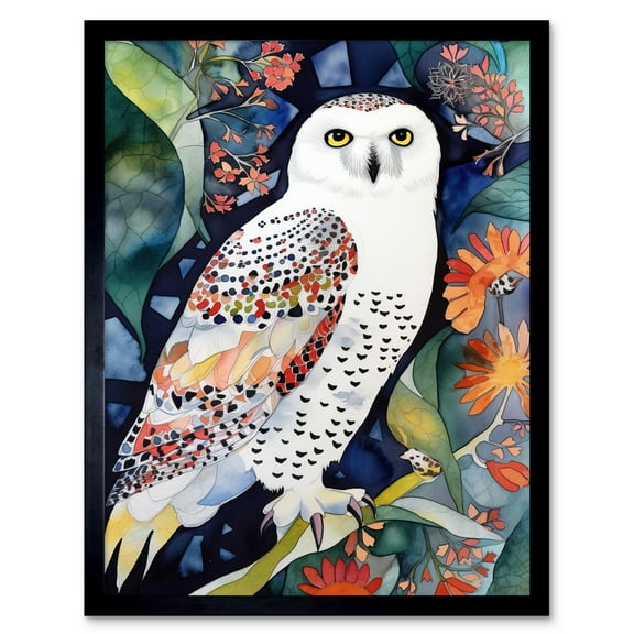 Snowy Owl On Blooming Tree Folk Art Art Print Framed Poster Wall Decor 12x16 inch