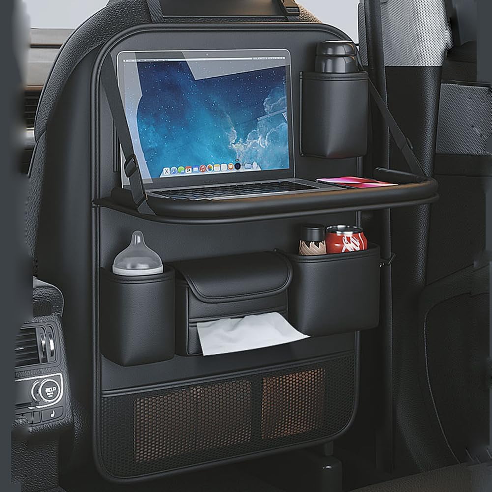Car Backseat Organizer with Foldable Table Tray,Hanging Storage Bag with Touch Screen Phone Holder,Premium PU Leather Material,Compatible with Most Vehicles,Inner Car Accessories