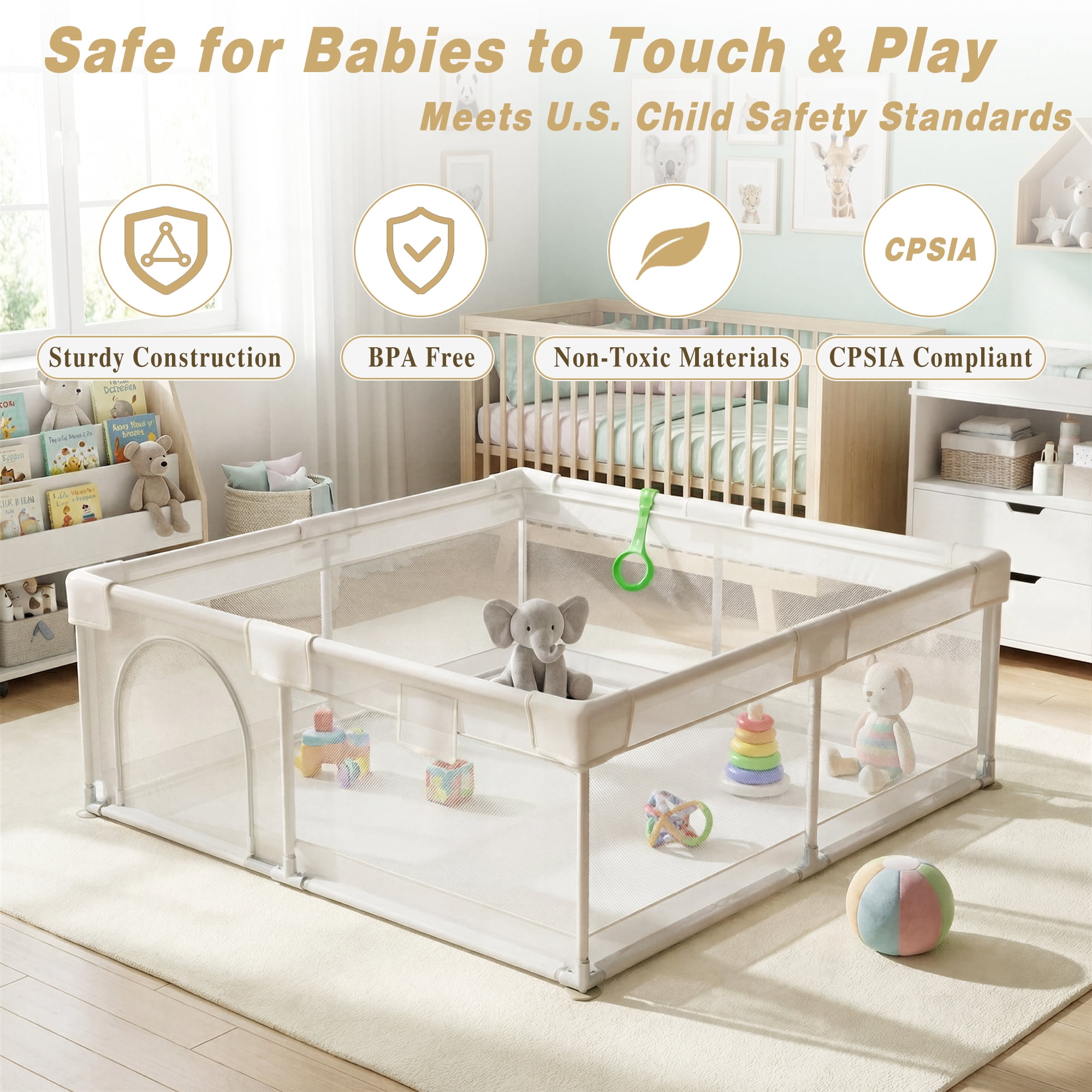 NimbleRest 60"x60" Large Baby Playpen Toddler Play Yards Safety Fence, Light Gray