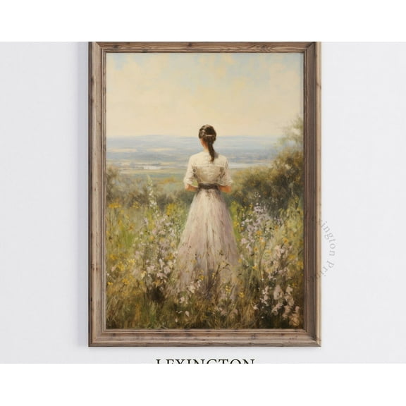 Vintage Woman In Wildflower Field Print, Vintage Spring Wall Art, Moody Spring Print, Farmhouse Print Neutral Wall Art Wildflower Art 577 ,Decor For Living Room Bedroom, 8x12 UNFRAMED