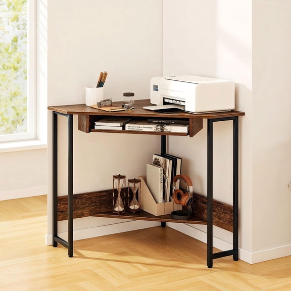 Barara King Corner Desk, Computer Desk, Computer Corner Workstation,Triangle Corner Desk with Charging Station Keyboard Tray and Storage Shelf-Rustic Brown