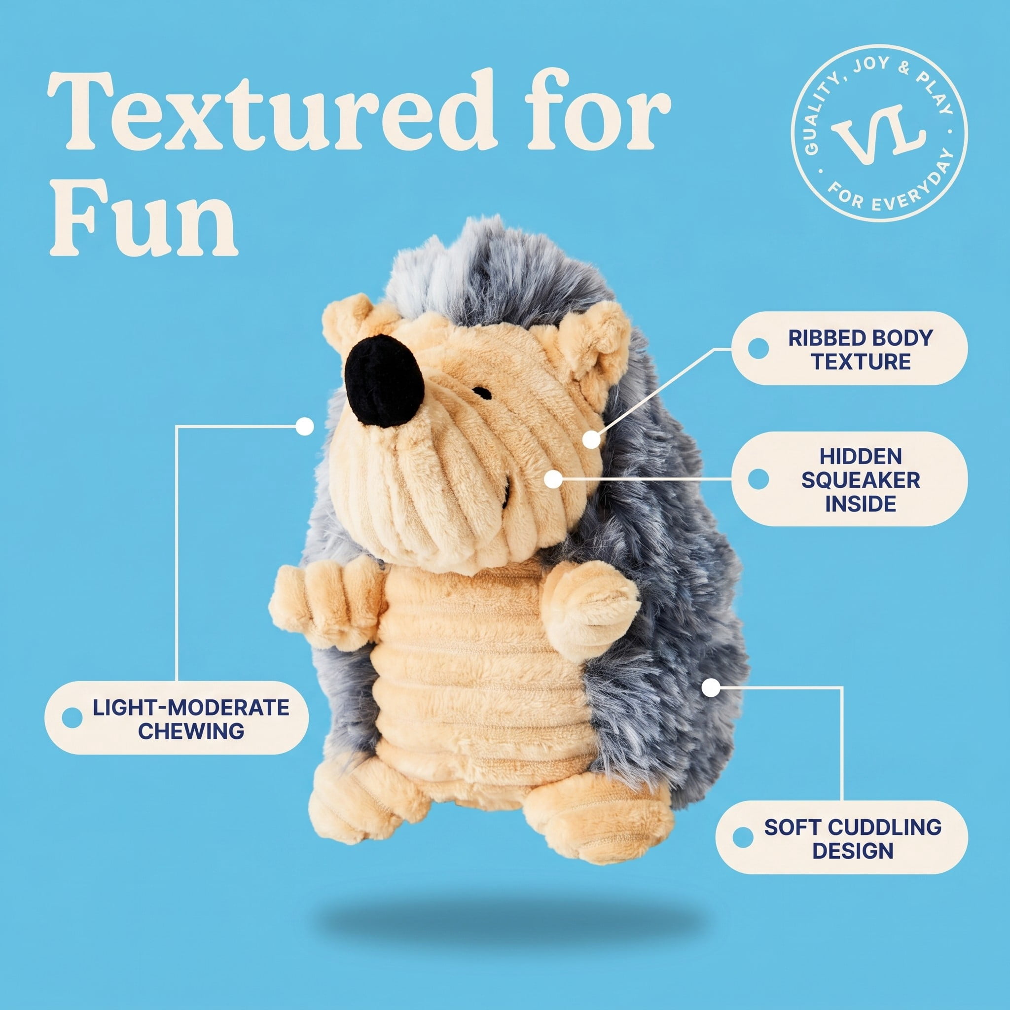 Vibrant Life Gray Hedgehog Plush Dog Toy with Squeaker, Chew Level 2