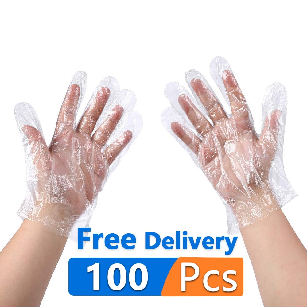 100Pcs Great Value Disposable Gloves 100 Count Green Direct Food Grade PE /Food Preparation /Garden BBQ,Household Food Safety Clean Plastic Gloves Transparent Large Medium