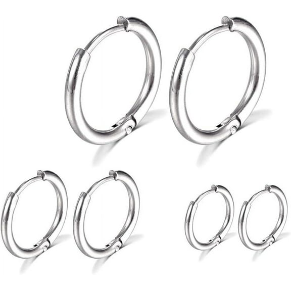 Knubmt 3 Pairs 14K Plated Hoop Earrings 316L Stainless Steel Hoop Earrings for Women Men, 8mm 10mm 12mm, Silver
