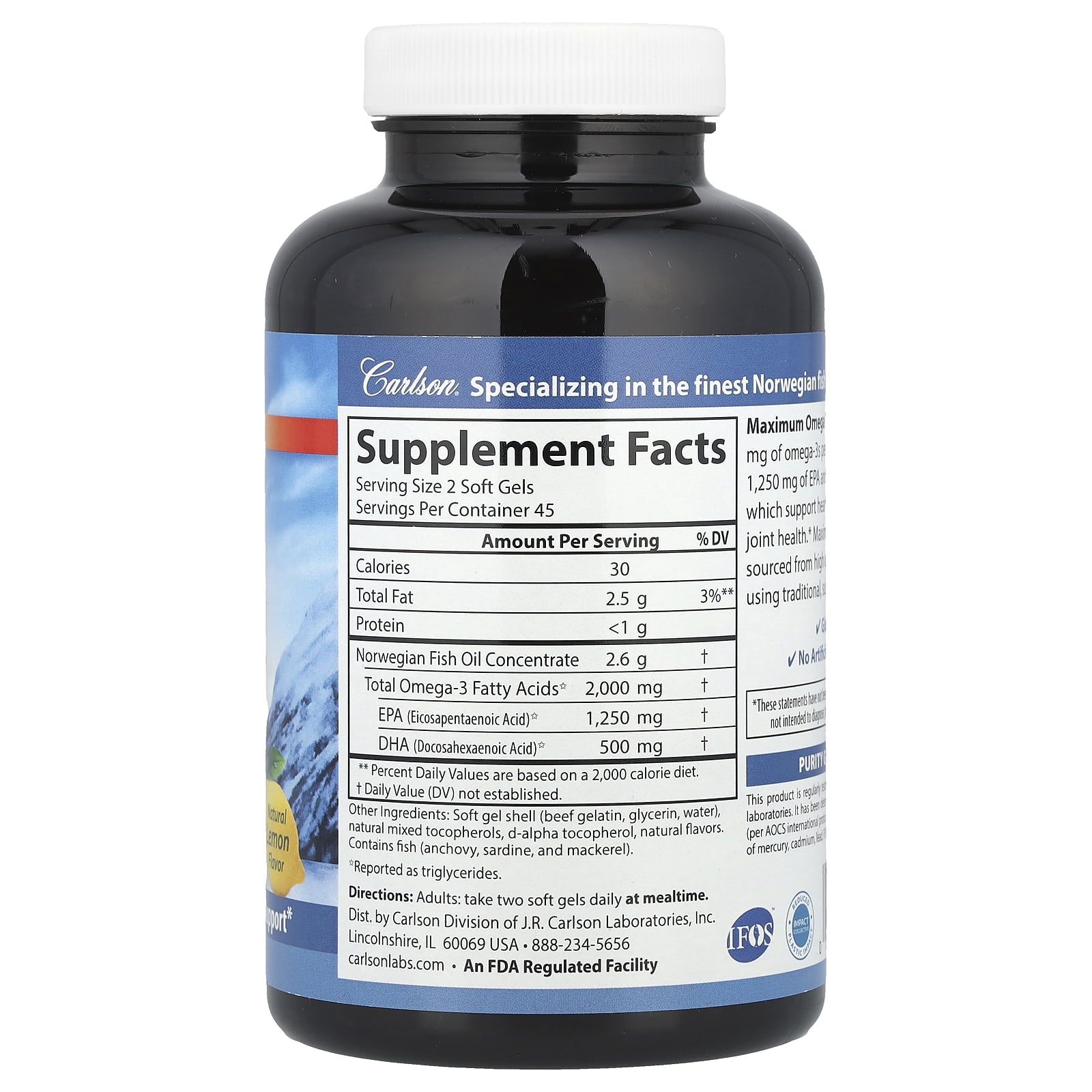 Carlson - Maximum Omega 2000, 2000 mg Omega-3s, Healthy Heart, Brain Function & Vision Support, Lemon, 90 soft gels