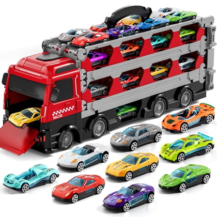 Truck Toys for Kids Boys, 24 Pcs Die-Cast Car Set with Race Track & Car Launcher, Boys Toys Ages 3-6