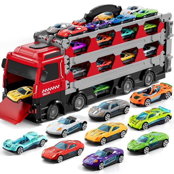 Truck Toys for Kids Boys, 24 Pcs Die-Cast Car Set with Race Track & Car Launcher, Boys Toys Ages 3-6