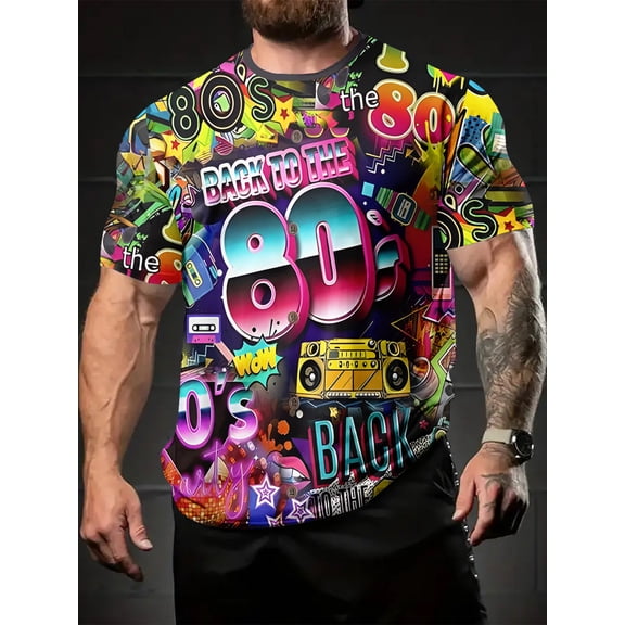 Men's 3D Digital Printing Vintage 80s Pattern T-Shirt - Vintage Tape, Audio Box and Neon Design, Breathable Crew Neck Short Sleeve Top, Nostalgic Fashion and Comfort, Men's Gifts