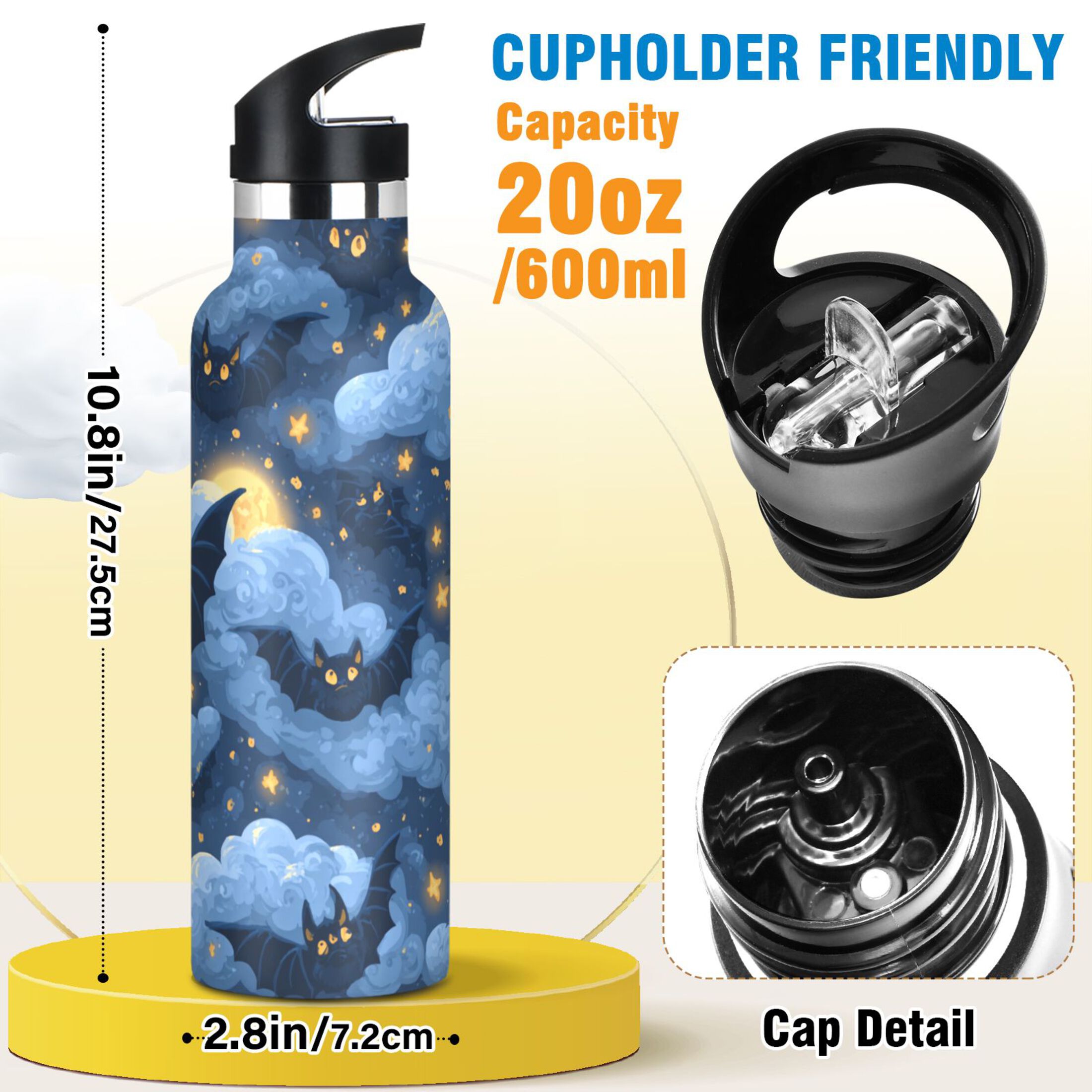 Kids Insulated Stainless Steel Sports Water Bottle 600ml (20oz) Stars and Bats