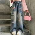 thumbnail image 2 of Kids Girls Baggy Jeans Denim Elastic Wasit Wide Leg Baggy Pants Jeans for Girls 5-6 Years, 2 of 8