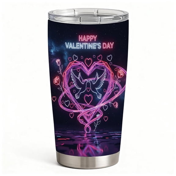 Stainless Steel Insulated Tumbler with Lid, Neon Heart & Doves Design, Double-Wall Hot Cold Travel Cup, Valentine Gift for Women