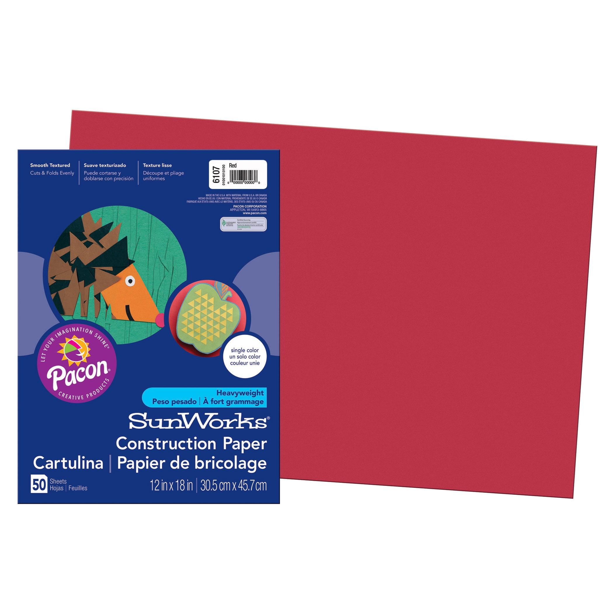 Pacon® SunWorks® Construction Paper, 12' x 18', Red - 50 Sheets per pack, 5 packs