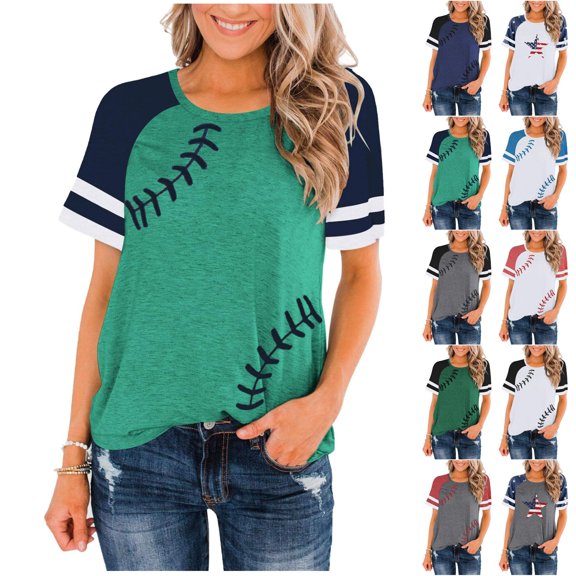 Lkhaha Women's T-Shirts Raglan Baseball Round Neck Slim Patchwork Print Vacation Blouse White S