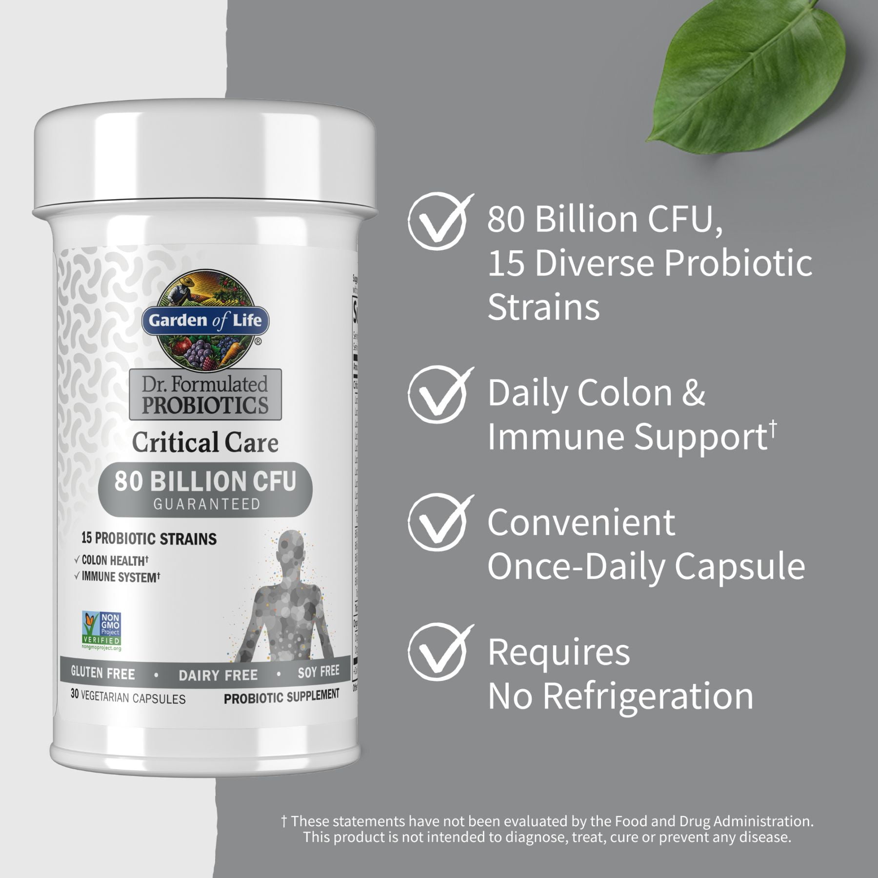 Garden of Life Dr. Formulated Critical Care Probiotics for Adult Digestive Gut Health and Immune Support, 80 Billion CFU from 15 Probiotic Strains, 30ct​