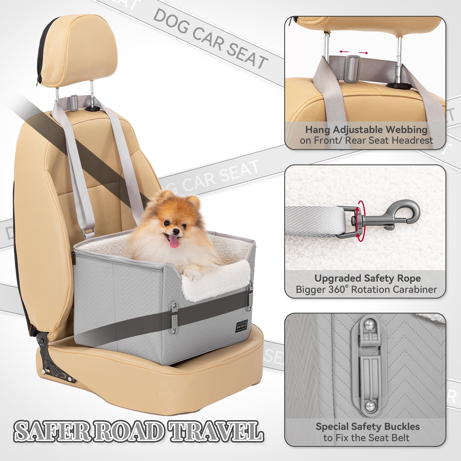 PETSFIT 16in Pet Booster Car Seat, Portable Dog Car Seats for Small Dogs with Clip-On Leash, Patent Safe Buckles,Up to 25lbs ,Light Grey
