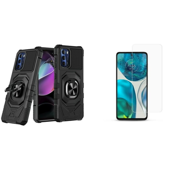 Case with Screen Protector Bundle for Moto G 5G 2022: Heavy Duty Shield Cover (Black) and (2-Pack) Tempered Glass Shields