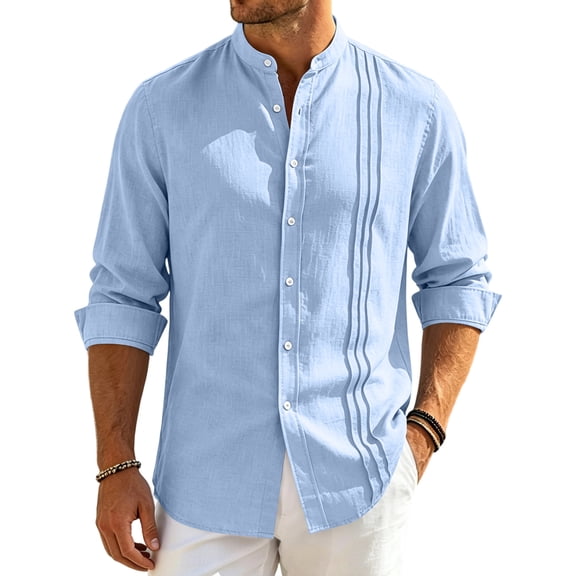 GrmtClth Mandarin Collar Shirts for Men, Roll Tab Long Sleeve Front Pleated Relax Fit Daily Leisure Tops Light Blue 2XL