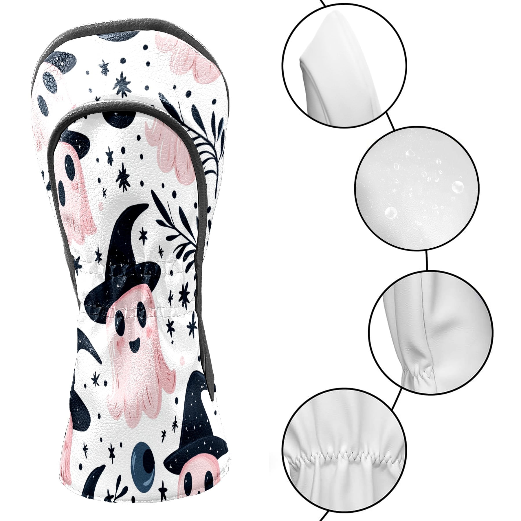 Golf Club Covers, Pink Ghost Witch Hat Premium PU Leather Driver Hybrid Putter Head Covers with Velvet Lining, Waterproof Golf Gifts for Men Women