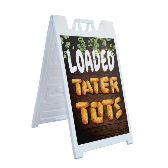 Loaded Tater Tots 24" x 36" Double Sided A-Frame Sidewalk Sign Includes 2 Installed Decals Foldable Portable White Signicade Sandwich Board Freshly Made Snacks Food Truck Promotions