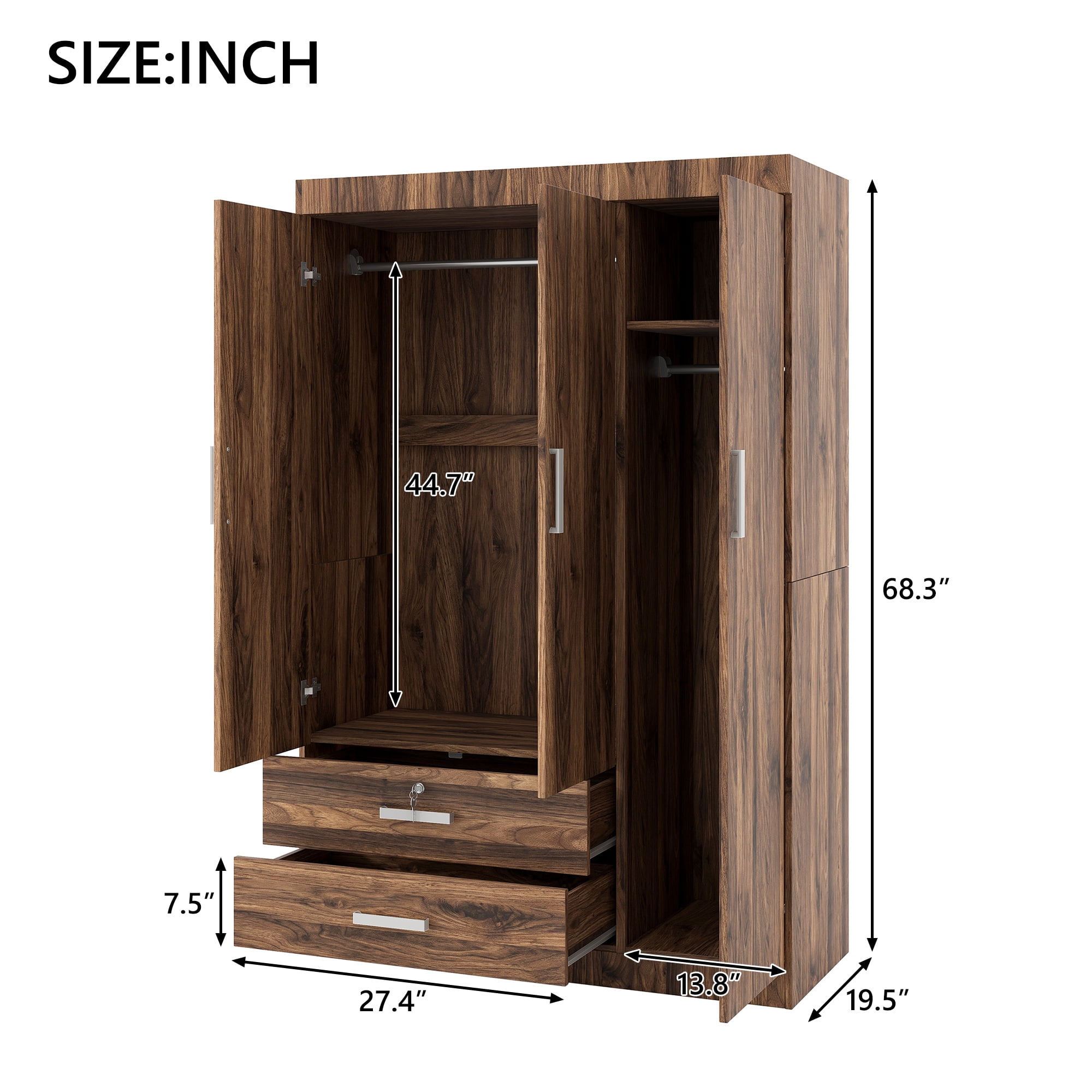 Euroco Modern 68.3" Armoire Wardrobe, 3 Door Bedroom Armoire with Drawers and Hanging Rods Kids Adults, Brown